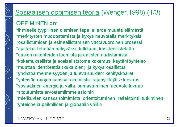 Sosiaalisen oppimisen teoria (Wenger, 1998) (1/3) OPPIMINEN on: *ihmiselle tyypillinen olemisen tapa, ei eroa