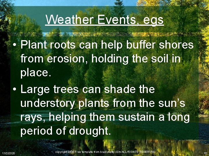 Weather Events, egs • Plant roots can help buffer shores from erosion, holding the