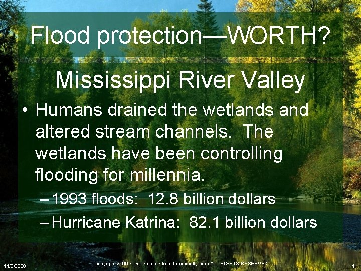 Flood protection—WORTH? Mississippi River Valley • Humans drained the wetlands and altered stream channels.