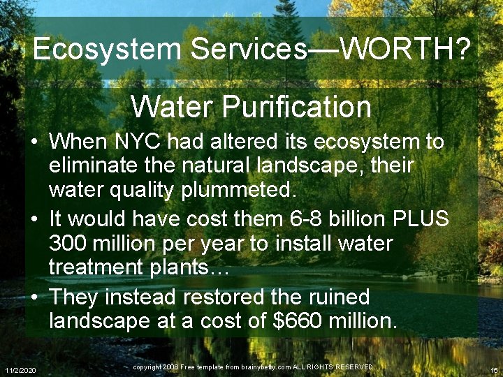 Ecosystem Services—WORTH? Water Purification • When NYC had altered its ecosystem to eliminate the