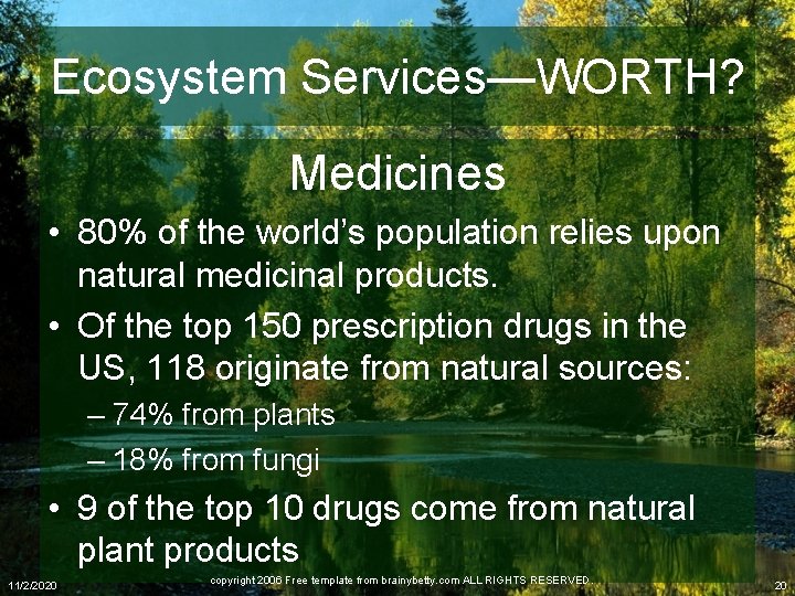 Ecosystem Services—WORTH? Medicines • 80% of the world’s population relies upon natural medicinal products.