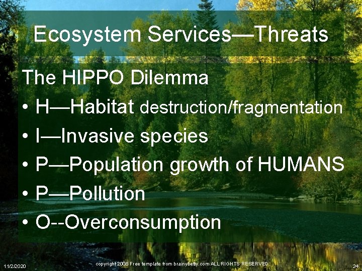 Ecosystem Services—Threats The HIPPO Dilemma • H—Habitat destruction/fragmentation • I—Invasive species • P—Population growth