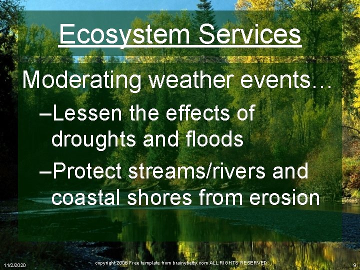 Ecosystem Services Moderating weather events… –Lessen the effects of droughts and floods –Protect streams/rivers