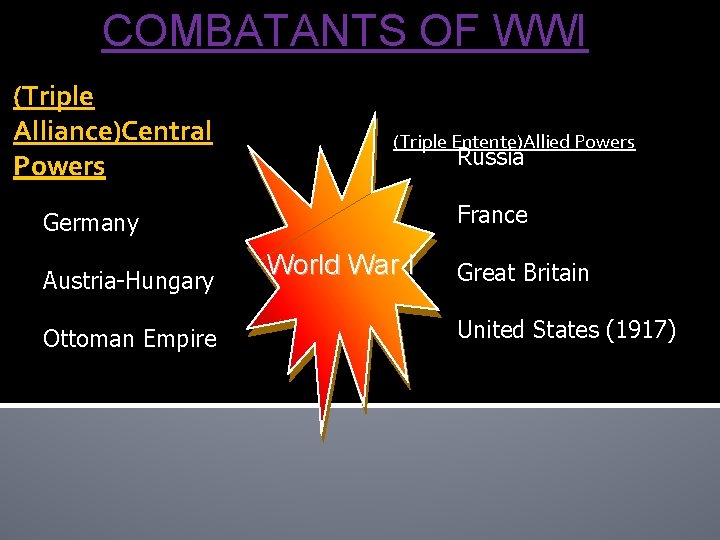 COMBATANTS OF WWI (Triple Alliance)Central Powers (Triple Entente)Allied Powers Russia France Germany Austria-Hungary Ottoman