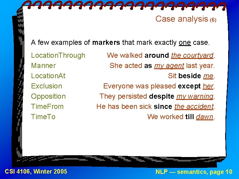Case analysis (6) A few examples of markers that mark exactly one case. Location.