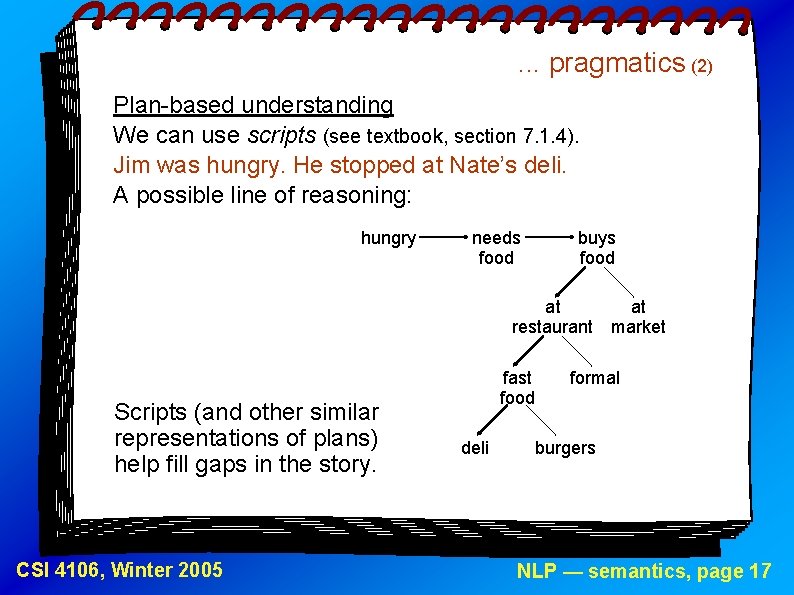 . . . pragmatics (2) Plan-based understanding We can use scripts (see textbook, section