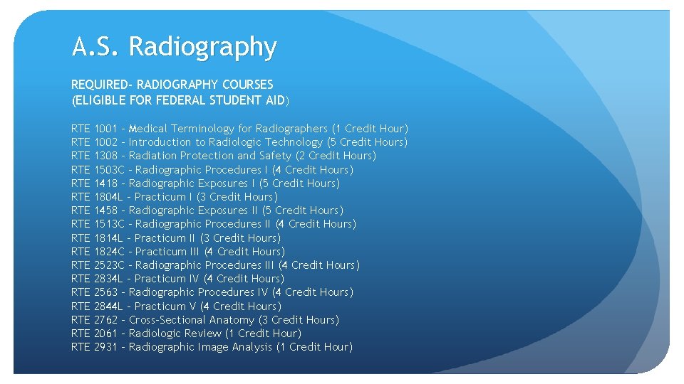 A. S. Radiography REQUIRED- RADIOGRAPHY COURSES (ELIGIBLE FOR FEDERAL STUDENT AID) RTE RTE RTE