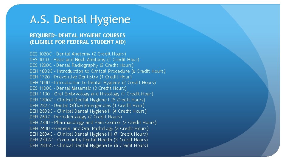 A. S. Dental Hygiene REQUIRED- DENTAL HYGIENE COURSES (ELIGIBLE FOR FEDERAL STUDENT AID) DES