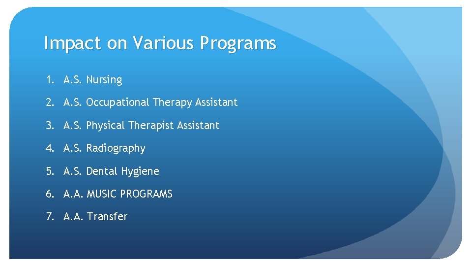 Impact on Various Programs 1. A. S. Nursing 2. A. S. Occupational Therapy Assistant