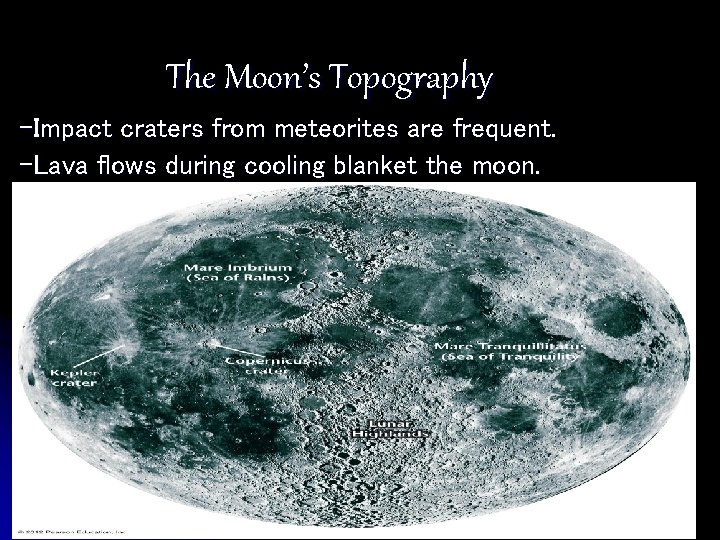 The Moon’s Topography -Impact craters from meteorites are frequent. -Lava flows during cooling blanket