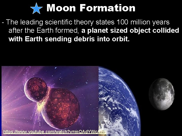 Moon Formation - The leading scientific theory states 100 million years after the Earth