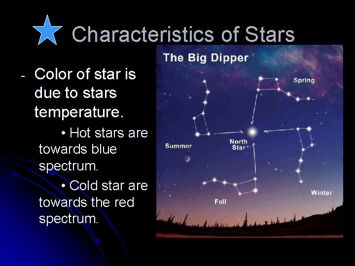 Characteristics of Stars - Color of star is due to stars temperature. • Hot