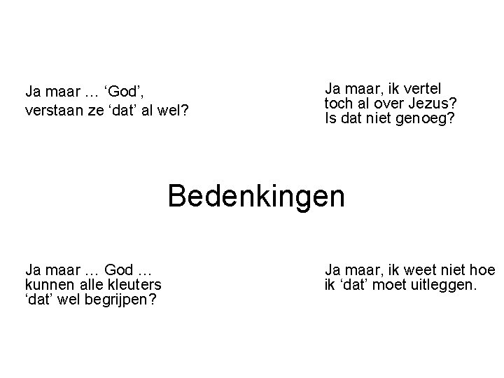 Ja maar … ‘God’, verstaan ze ‘dat’ al wel? Ja maar, ik vertel toch