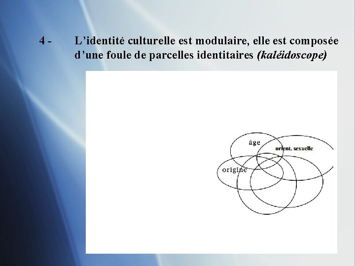 4 - L’identité culturelle est modulaire, elle est composée d’une foule de parcelles identitaires