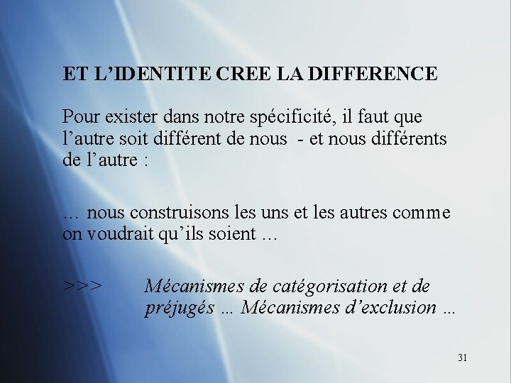  ET L’IDENTITE CREE LA DIFFERENCE Pour exister dans notre spécificité, il faut que