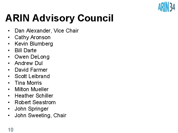ARIN Advisory Council • • • • 10 Dan Alexander, Vice Chair Cathy Aronson