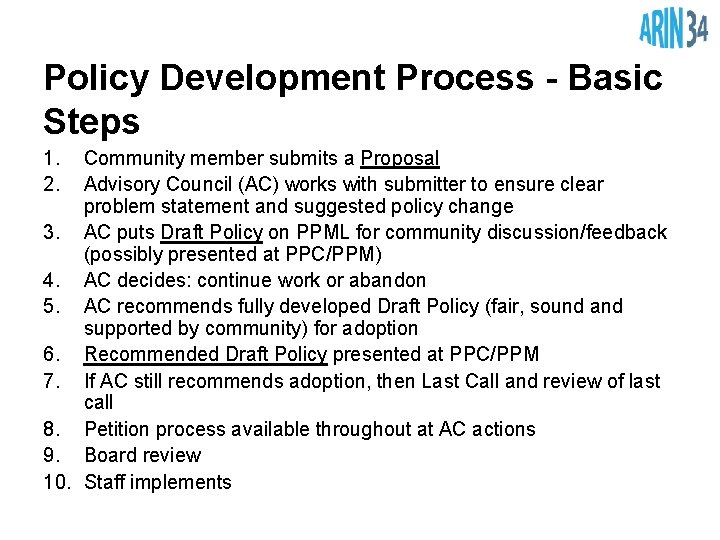 Policy Development Process - Basic Steps 1. 2. Community member submits a Proposal Advisory