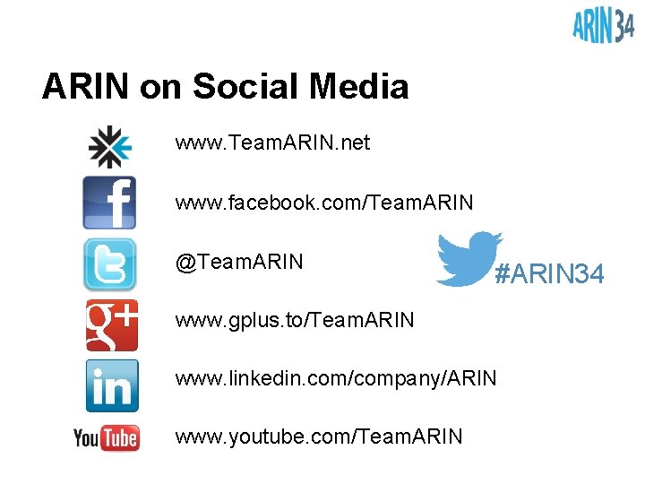 ARIN on Social Media www. Team. ARIN. net www. facebook. com/Team. ARIN @Team. ARIN