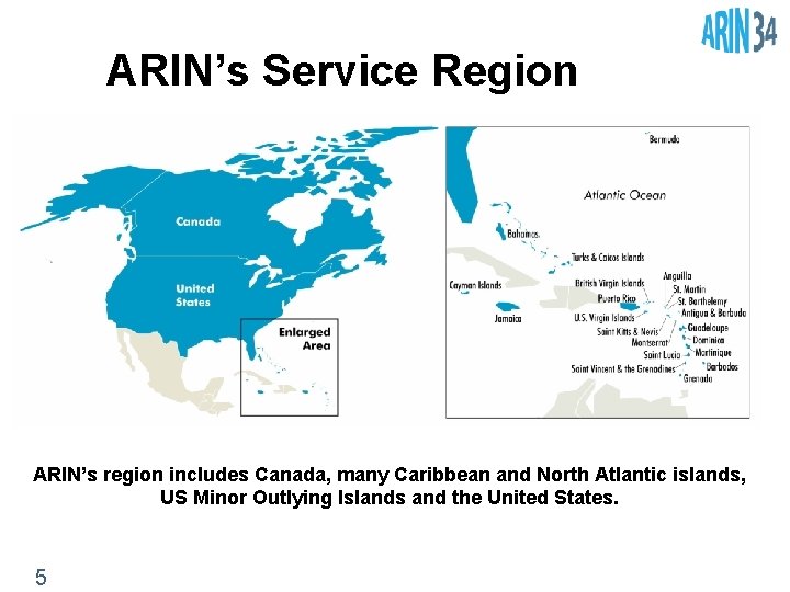 ARIN’s Service Region ARIN’s region includes Canada, many Caribbean and North Atlantic islands, US