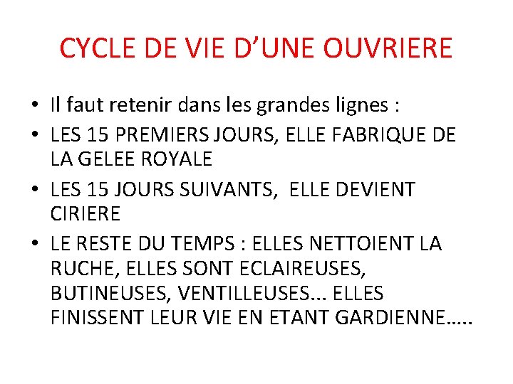 CYCLE DE VIE D’UNE OUVRIERE • Il faut retenir dans les grandes lignes : CYCLE DE VIE D’UNE OUVRIERE • Il faut retenir dans les grandes lignes :