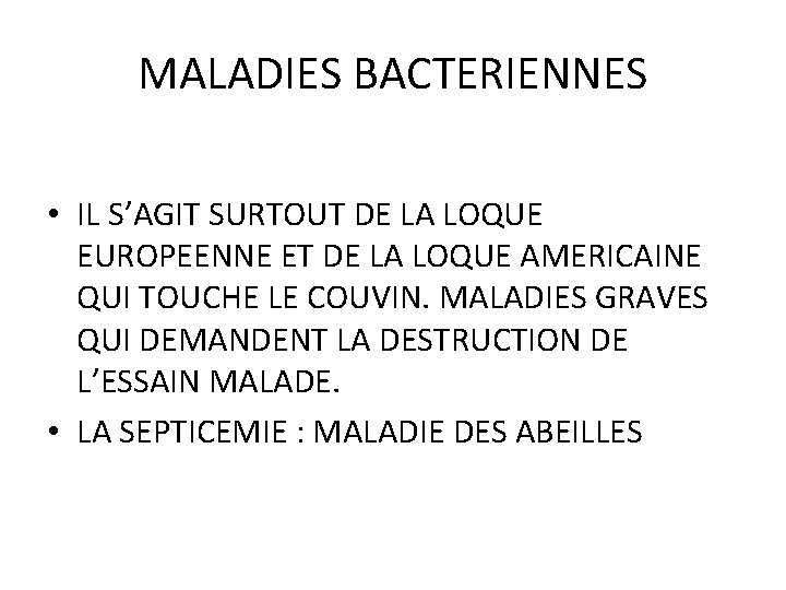 MALADIES BACTERIENNES • IL S’AGIT SURTOUT DE LA LOQUE EUROPEENNE ET DE LA LOQUE MALADIES BACTERIENNES • IL S’AGIT SURTOUT DE LA LOQUE EUROPEENNE ET DE LA LOQUE