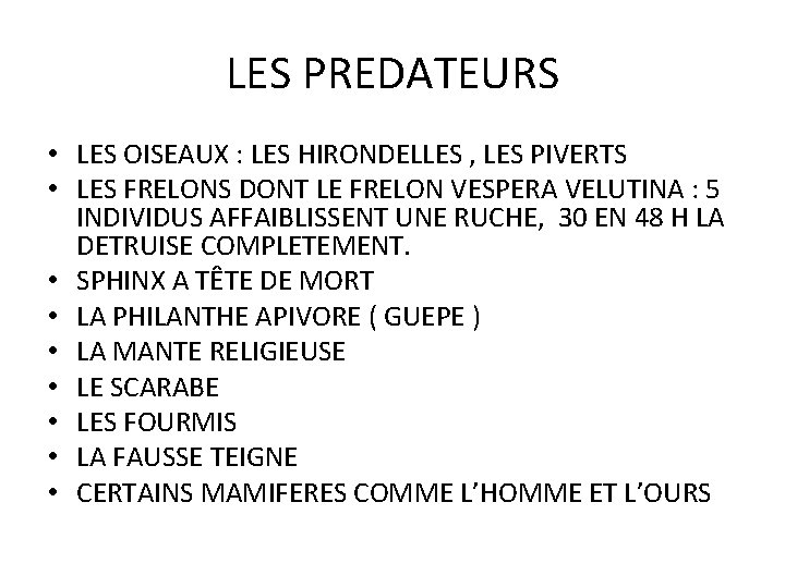 LES PREDATEURS • LES OISEAUX : LES HIRONDELLES , LES PIVERTS • LES FRELONS LES PREDATEURS • LES OISEAUX : LES HIRONDELLES , LES PIVERTS • LES FRELONS