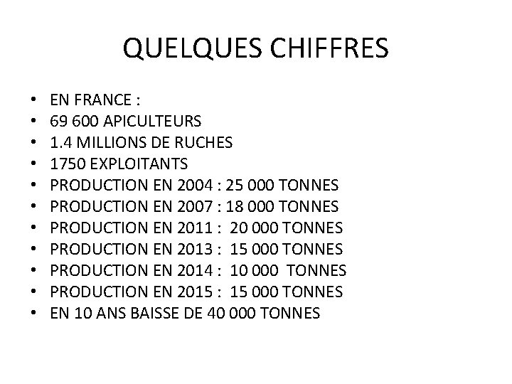 QUELQUES CHIFFRES • • • EN FRANCE : 69 600 APICULTEURS 1. 4 MILLIONS QUELQUES CHIFFRES • • • EN FRANCE : 69 600 APICULTEURS 1. 4 MILLIONS