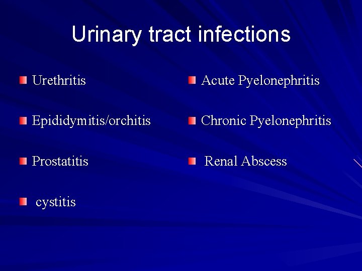 Urinary tract infections Urethritis Acute Pyelonephritis Epididymitis/orchitis Chronic Pyelonephritis Prostatitis Renal Abscess cystitis 