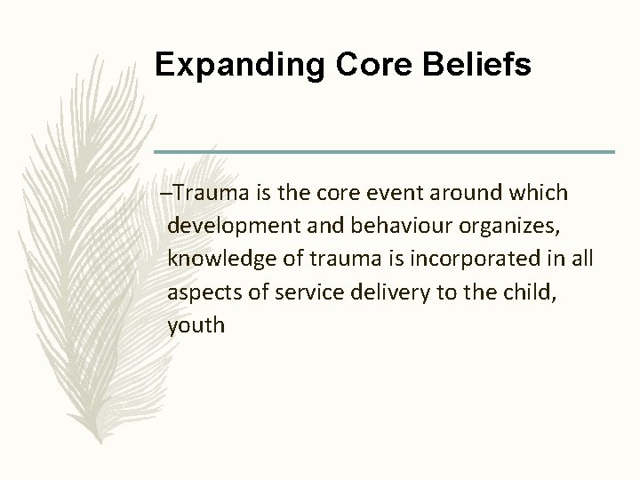 Expanding Core Beliefs –Trauma is the core event around which development and behaviour organizes,