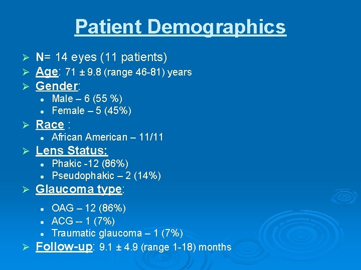 Patient Demographics Ø Ø Ø N= 14 eyes (11 patients) Age: 71 ± 9.