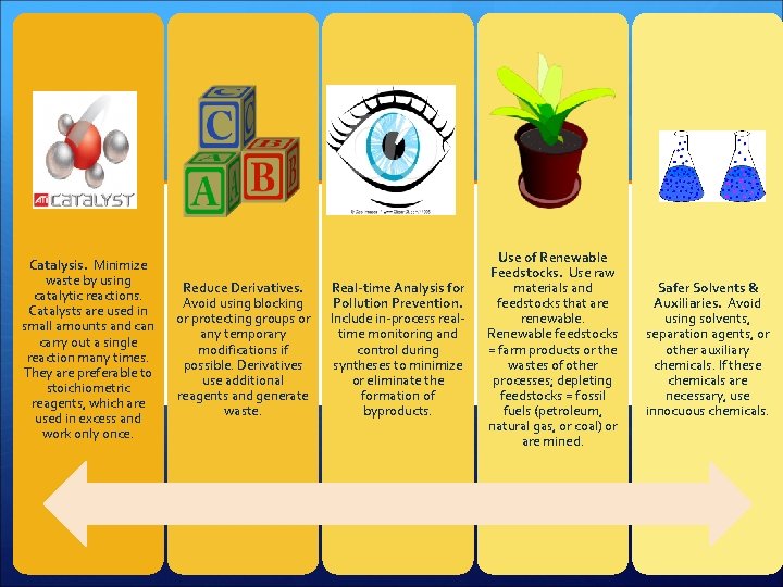 Catalysis. Minimize waste by using catalytic reactions. Catalysts are used in small amounts and