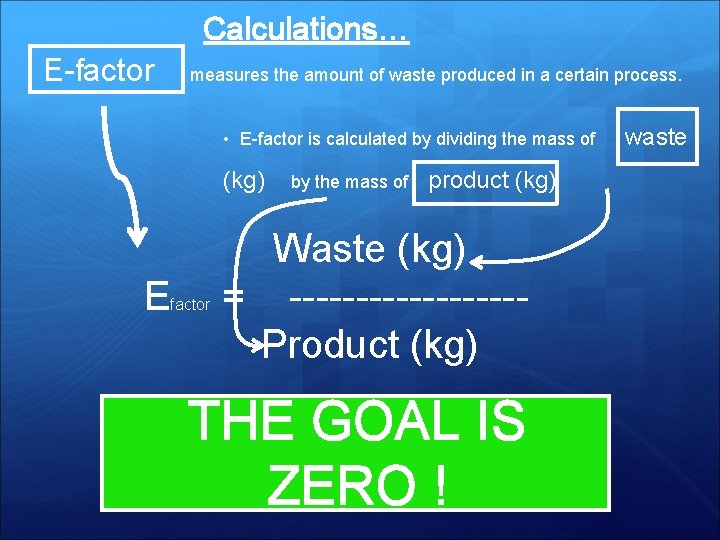 Calculations… E-factor measures the amount of waste produced in a certain process. • E-factor