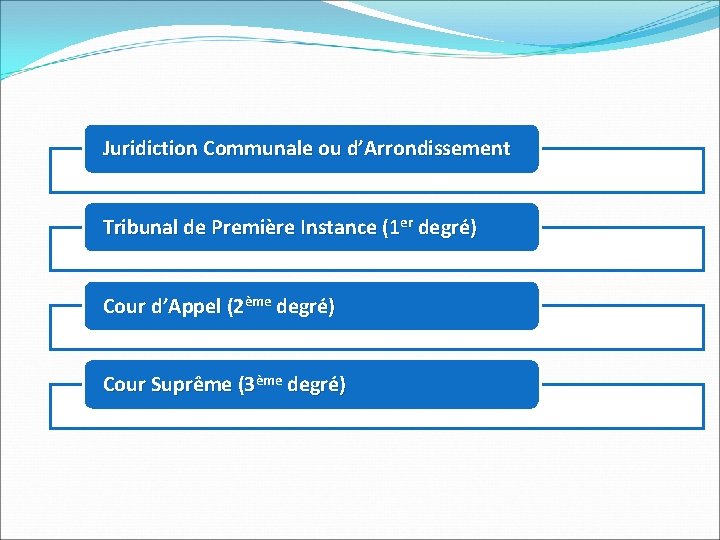 Juridiction Communale ou d’Arrondissement Tribunal de Première Instance (1 er degré) Cour d’Appel (2ème