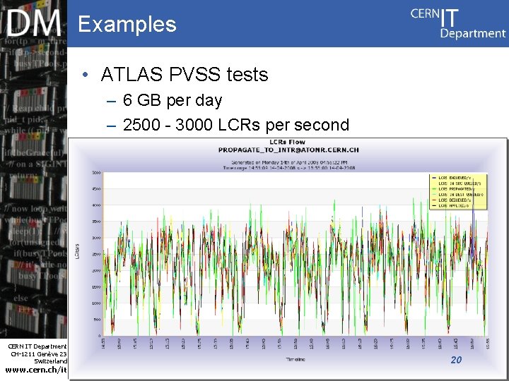 Examples • ATLAS PVSS tests – 6 GB per day – 2500 - 3000