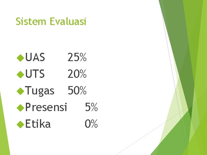 Sistem Evaluasi UAS 25% UTS 20% Tugas 50% Presensi 5% Etika 0% 