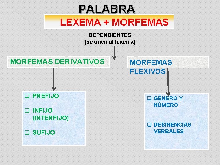 PALABRA LEXEMA + MORFEMAS DEPENDIENTES (se unen al lexema) MORFEMAS DERIVATIVOS q PREFIJO q