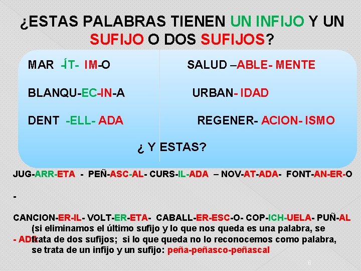 ¿ESTAS PALABRAS TIENEN UN INFIJO Y UN SUFIJO O DOS SUFIJOS? MAR -ÍT- IM-O