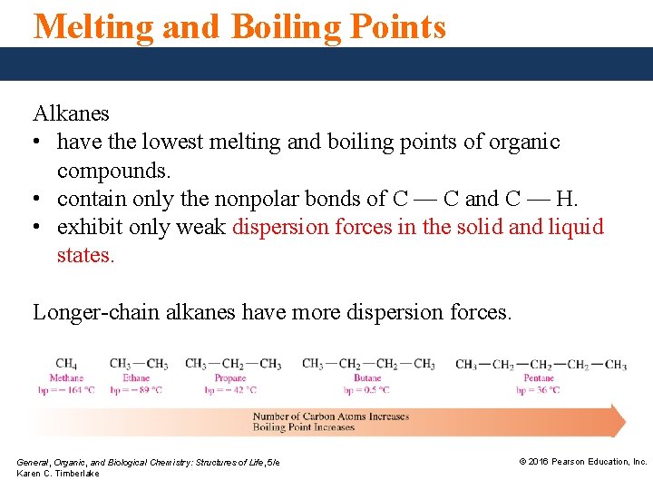 Melting and Boiling Points Alkanes • have the lowest melting and boiling points of