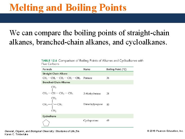 Melting and Boiling Points We can compare the boiling points of straight-chain alkanes, branched-chain