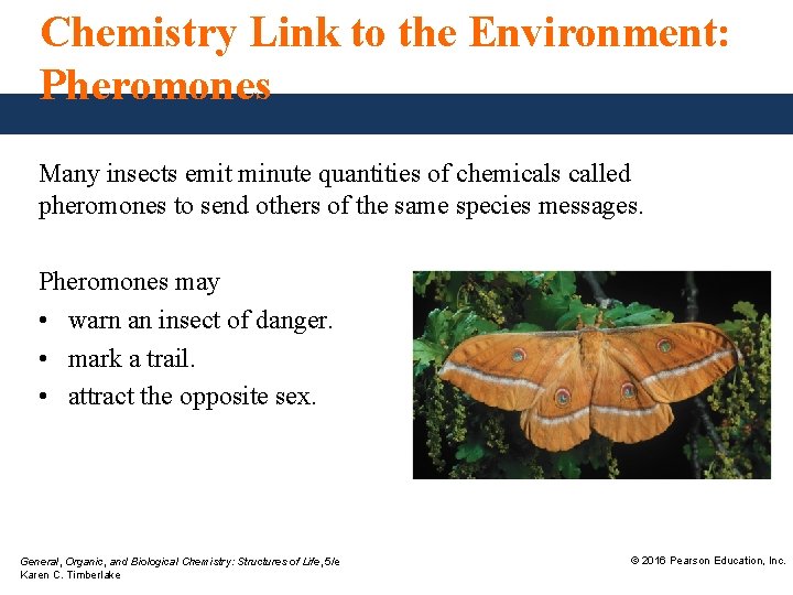 Chemistry Link to the Environment: Pheromones Many insects emit minute quantities of chemicals called