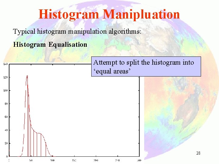 Histogram Manipluation Typical histogram manipulation algorithms: Histogram Equalisation Attempt to split the histogram into