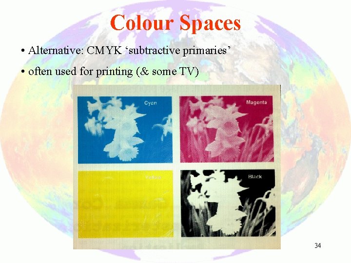 Colour Spaces • Alternative: CMYK ‘subtractive primaries’ • often used for printing (& some