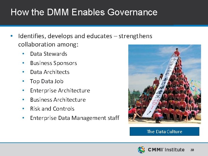 How the DMM Enables Governance • Identifies, develops and educates – strengthens collaboration among: How the DMM Enables Governance • Identifies, develops and educates – strengthens collaboration among: