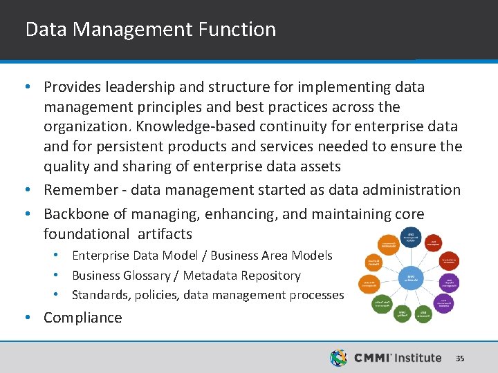 Data Management Function • Provides leadership and structure for implementing data management principles and Data Management Function • Provides leadership and structure for implementing data management principles and