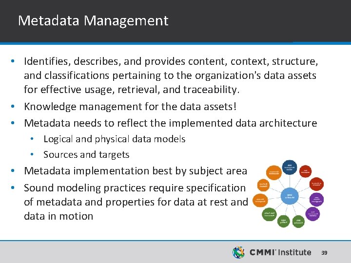Metadata Management • Identifies, describes, and provides content, context, structure, and classifications pertaining to Metadata Management • Identifies, describes, and provides content, context, structure, and classifications pertaining to
