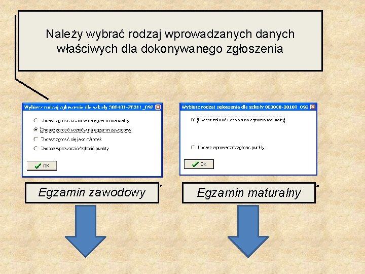 Należy wybrać rodzaj wprowadzanych danych właściwych dla dokonywanego zgłoszenia Egzamin zawodowy Egzamin maturalny 