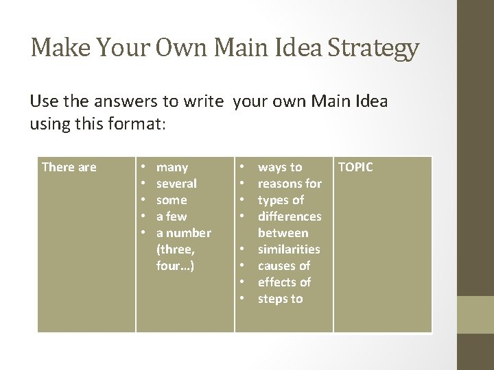 Make Your Own Main Idea Strategy Use the answers to write your own Main