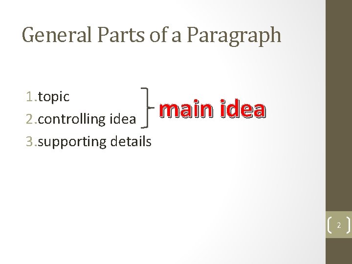 General Parts of a Paragraph 1. topic 2. controlling idea 3. supporting details main
