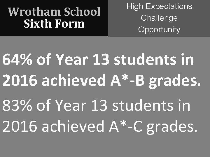 Wrotham School Sixth Form High Expectations Challenge Opportunity 64% of Year 13 students in