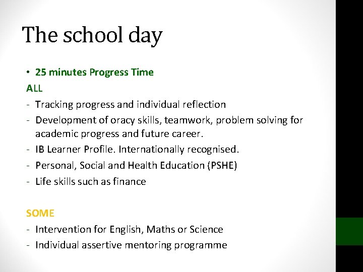 The school day • 25 minutes Progress Time ALL - Tracking progress and individual